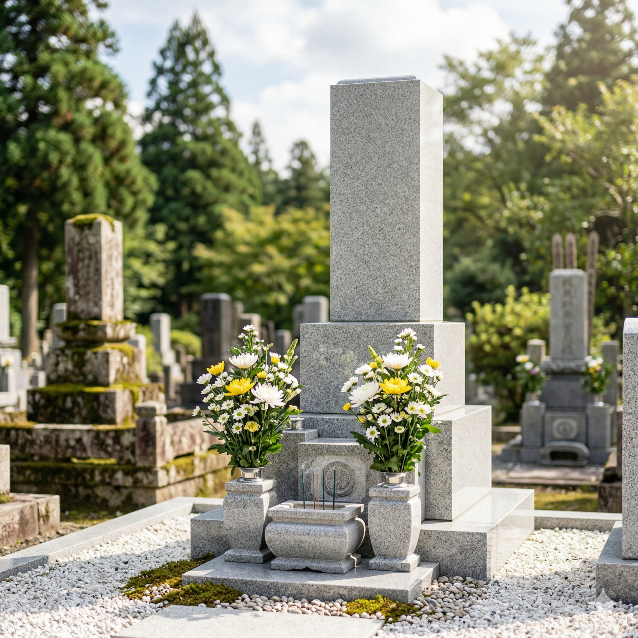 清掃後の綺麗なお墓にお花をお供え