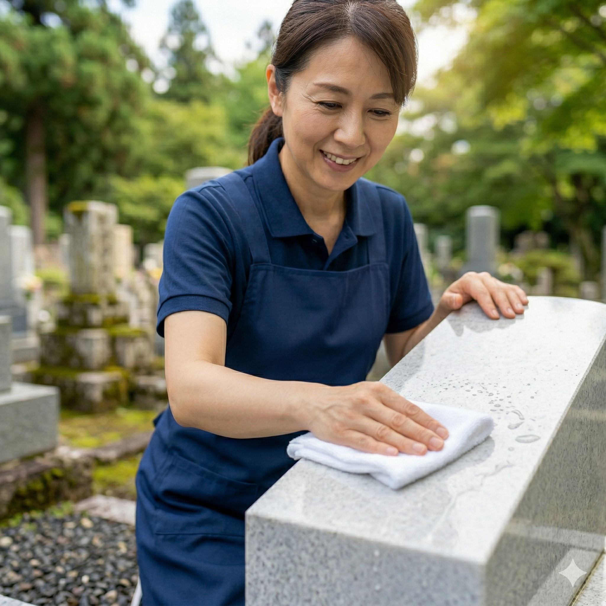 墓石を丁寧に拭き上げるスタッフ